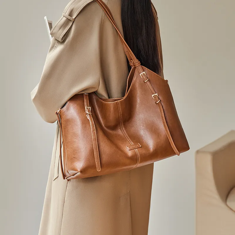 Narandu Synthetic Leather With Cow Leather Tote Underarm Shoulder Bag Women's Vegetable Tanned Brown-5