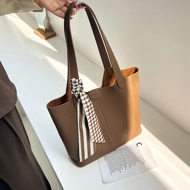 Narandu Cow Leather Tote Bag Shopping Bag Shoulder Bags Women's Milkshake White/Chestnut Brown-2