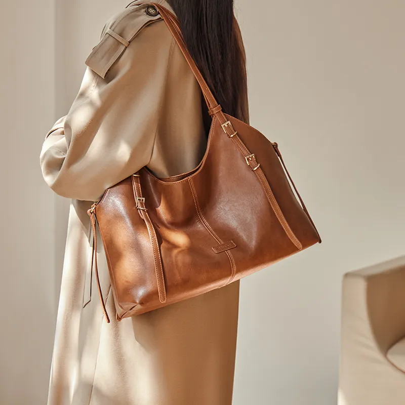 Narandu Synthetic Leather With Cow Leather Tote Underarm Shoulder Bag Women's Vegetable Tanned Brown-1