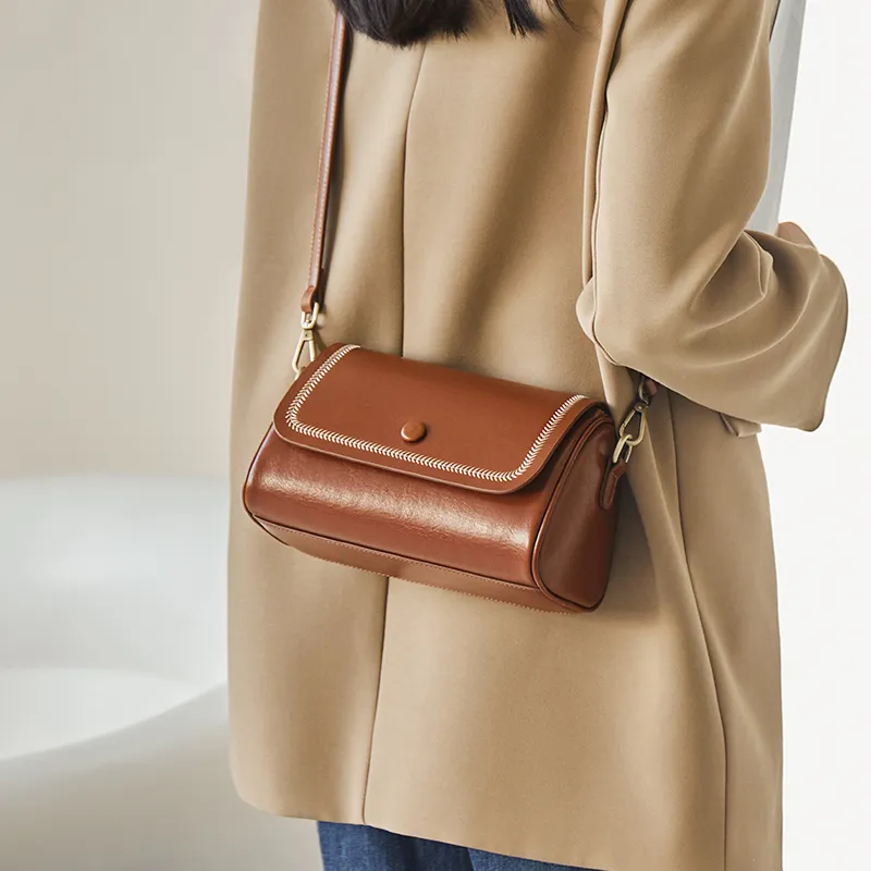 Narandu Cow Leather Patchwork Synthetic Leather Cylinder Bag Shoulder Bag Crossbody Bag Small Size Women's Brown/Black-4