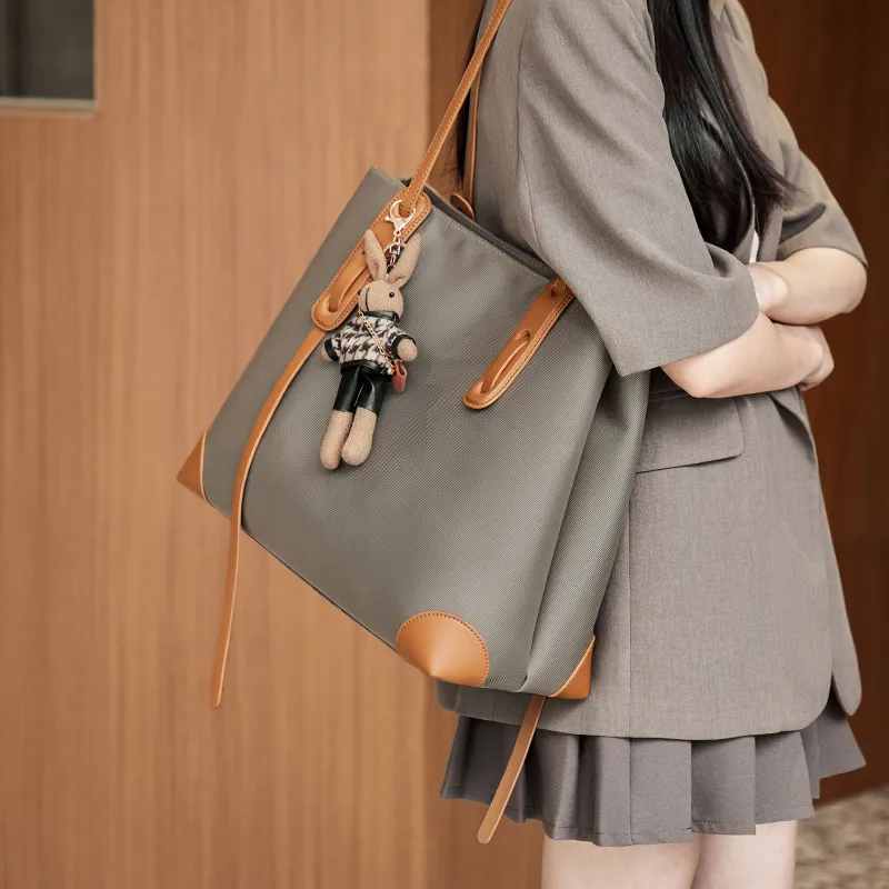 Narandu Fabric With Synthetic Leather Tote Bag Shoulder Bag Large Size Women's Khaki Brown/Black-3