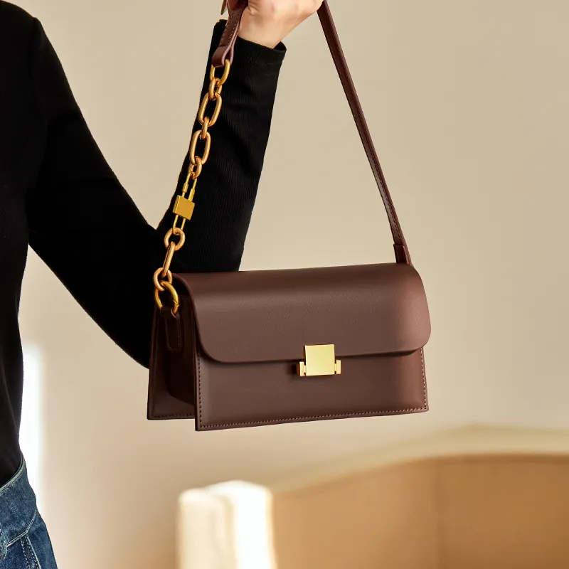 Narandu Cow Leather Patchwork Synthetic Leather Small Square Bag Shoulder Bag Small Size Women's Coffee-2