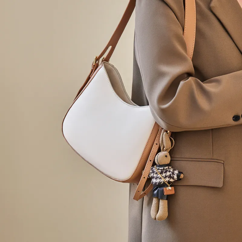 Narandu Cow Leather With Synthetic Leather Crossbody Bag Shoulder Bag Saddle Bag Women's Ecru & Apricot-2