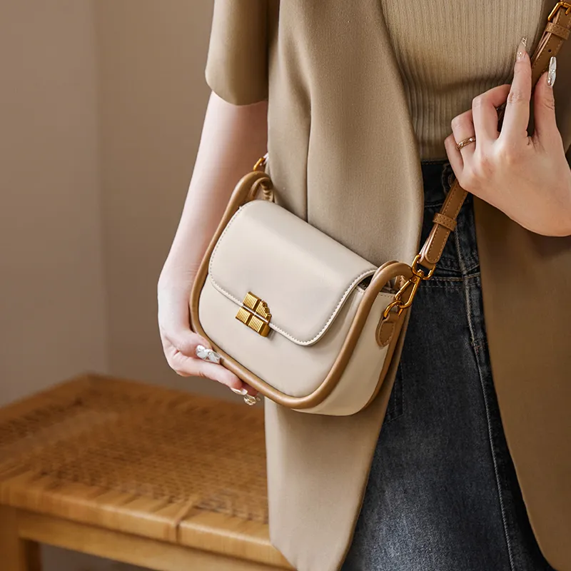 Narandu Synthetic Leather Saddle Bag Small Square Bag Shoulder Bag Crossbody Bag Women's Toffee Brown/Ecru & Brown-3