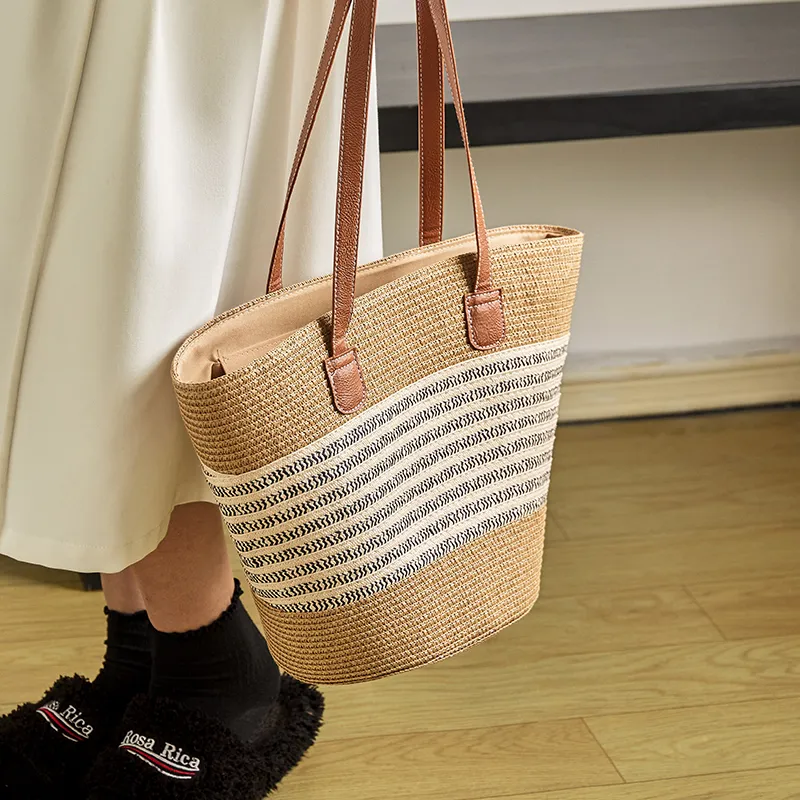 Narandu Fabric, Synthetic Leather Tote Bag, Handbag, Shoulder Bag, Woven Bag Large Size Women's Khaki-4