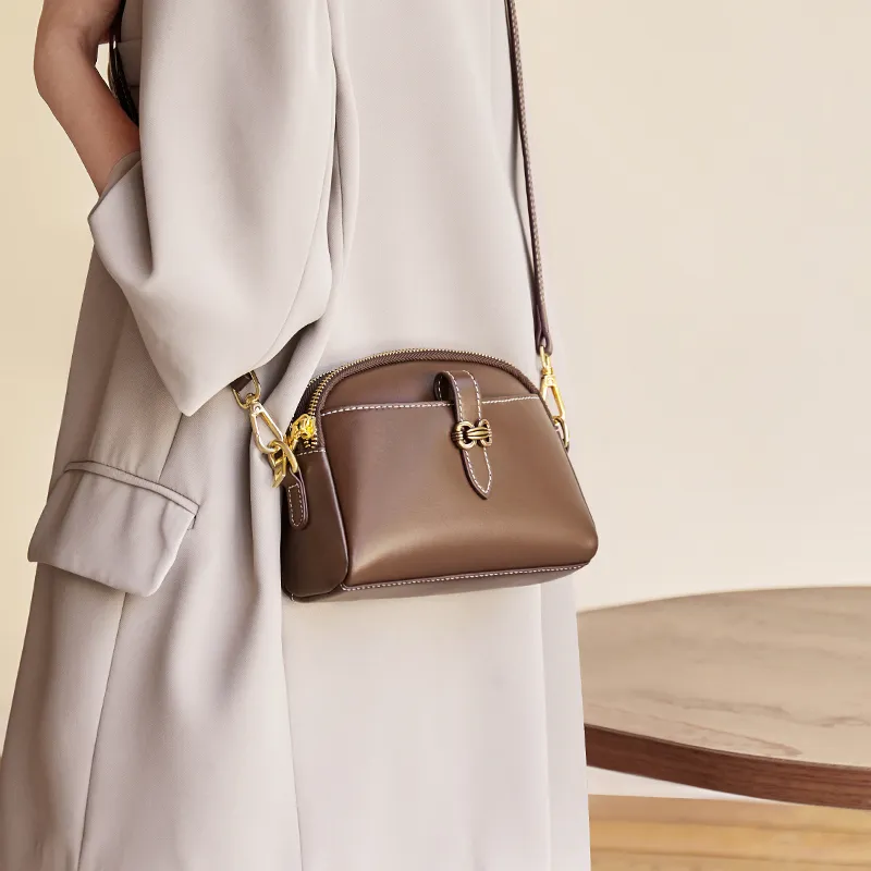 Narandu Cow Leather Shoulder Bag, Crossbody Bag, Cell Phone Pouch Mini Women's Cheese White & Coffee-6