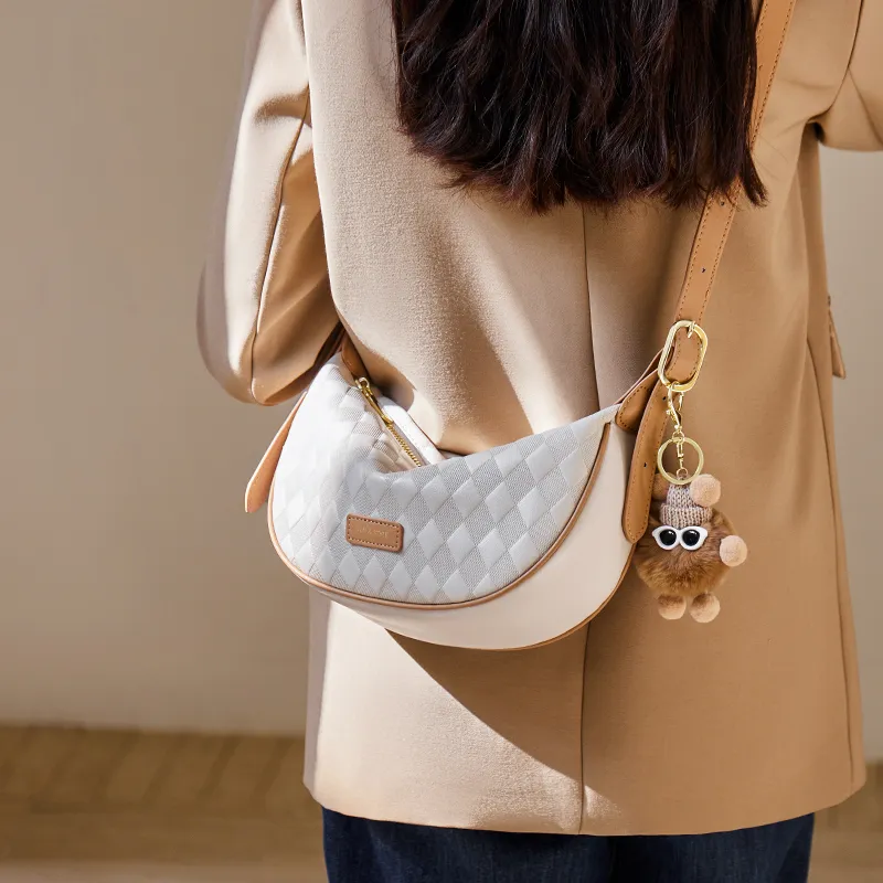 Narandu Cow Leather Dumpling Bag Crescent Bag Shoulder Bag Crossbody Bag Women's Ecru & Apricot/Caramel Brown-1
