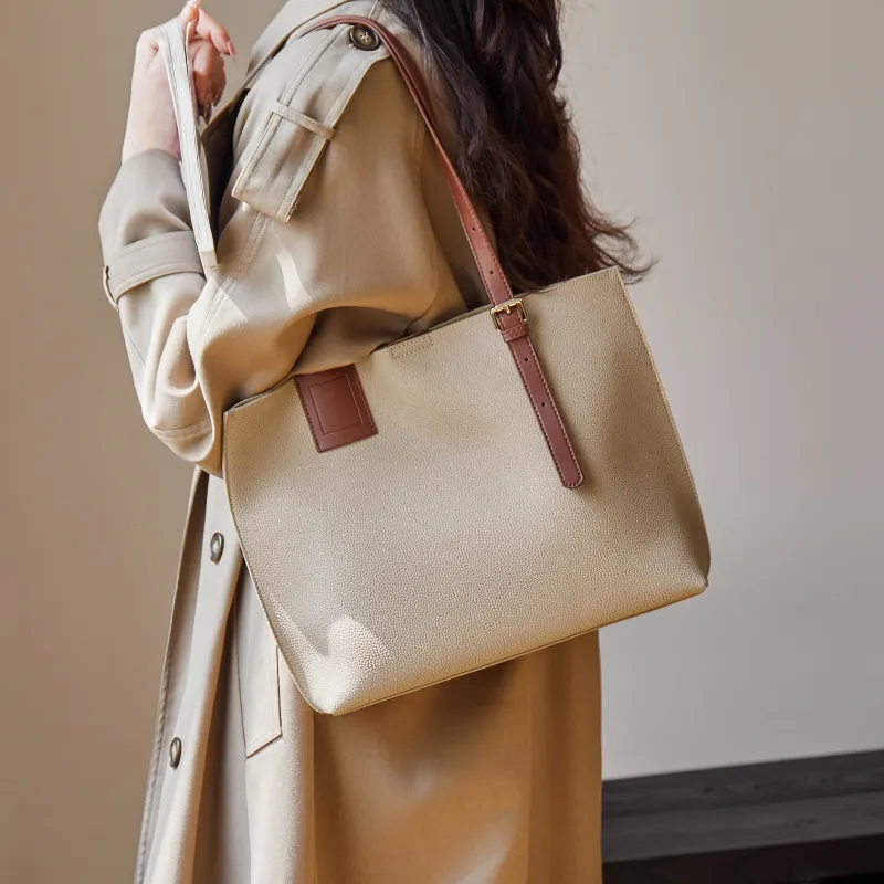 Narandu Genuine Cow Leather Tote Bag Shoulder Bag Large Size Women's Cream Apricot & Coffee/Salt Khaki-3