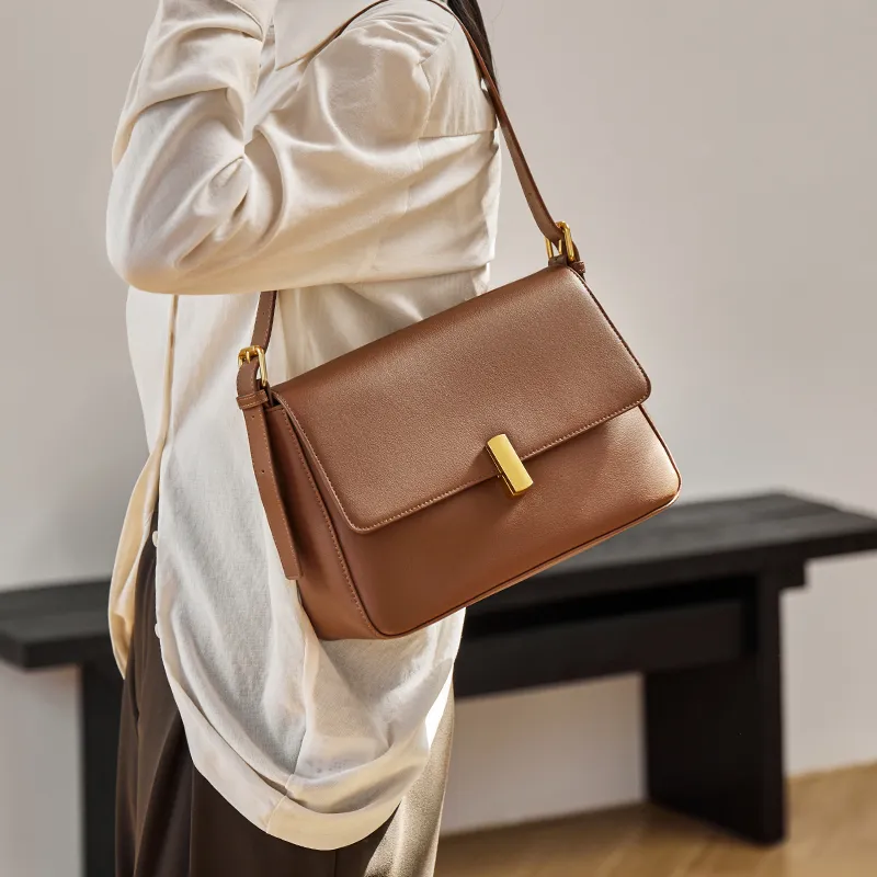 Narandu Cow Leather Small Square Bag Shoulder Bag Medium Size Women's Midnight Black/Caramel Brown/Milk Tea-9