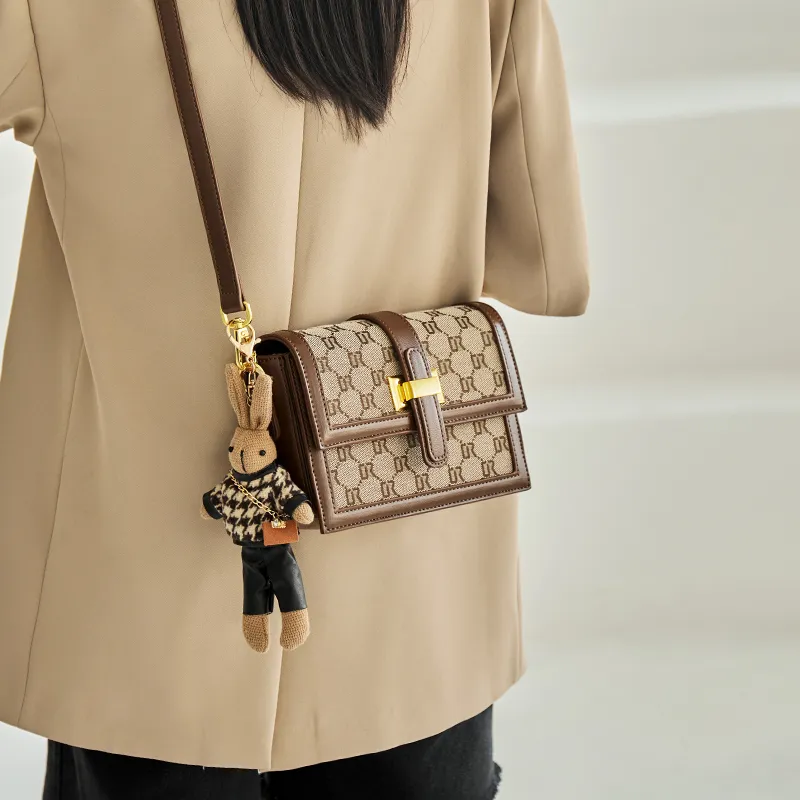 Narandu Fabric, Synthetic Leather Small Square Bag, Crossbody Bag, Shoulder Bag Medium Size Women's Coffee-9