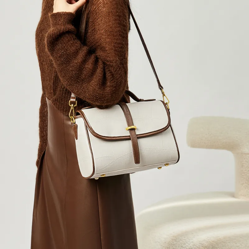Narandu Cow Leather Handbag Messenger Bag Shoulder Bag Crossbody Bag Large Size Women's Brown/Sea Salt White & Coffee-7
