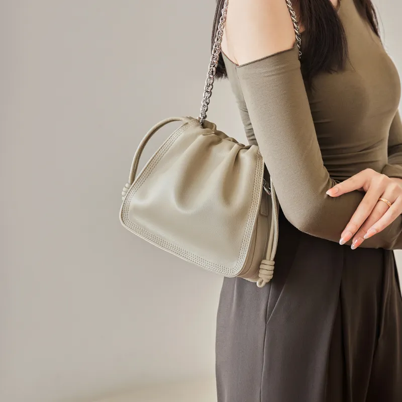 Narandu Cow Leather Chain Bag, Shoulder Bag, Cloud Bag, Shoulder Bag Women's Milk Tea/Napoléon Apricot/Black-14