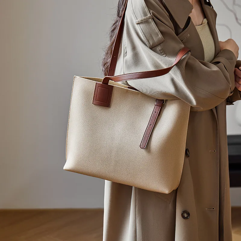 Narandu Genuine Cow Leather Tote Bag Shoulder Bag Large Size Women's Cream Apricot & Coffee/Salt Khaki-2