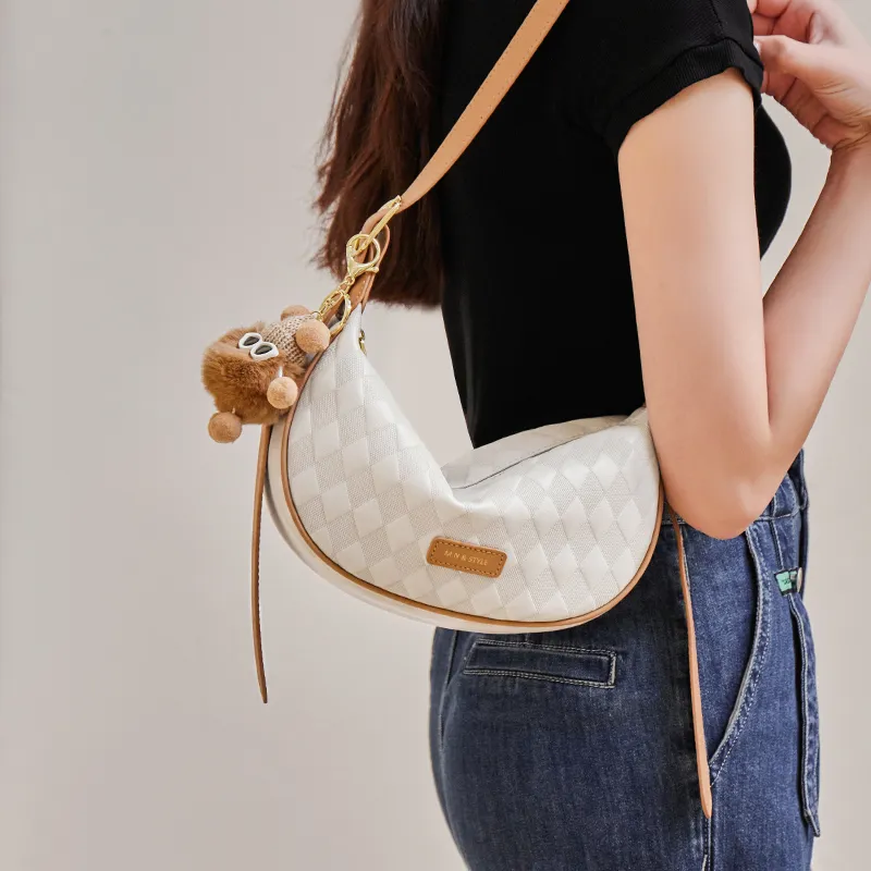 Narandu Cow Leather Dumpling Bag Crescent Bag Shoulder Bag Crossbody Bag Women's Ecru & Apricot/Caramel Brown-3