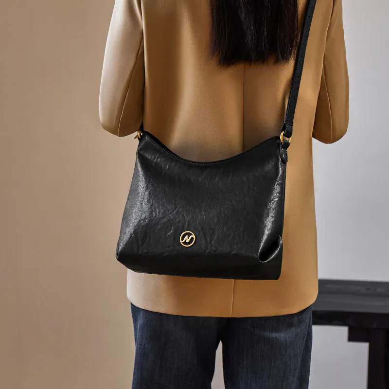Narandu Cow Leather Patchwork Synthetic Leather Totes Handbag Shoulder Bag Large Size Women's Midnight Black/Gold Brown-3