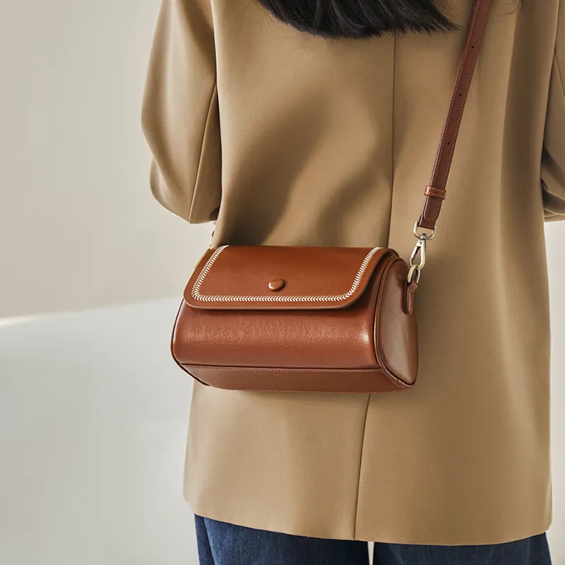 Narandu Cow Leather Patchwork Synthetic Leather Cylinder Bag Shoulder Bag Crossbody Bag Small Size Women's Brown/Black-3