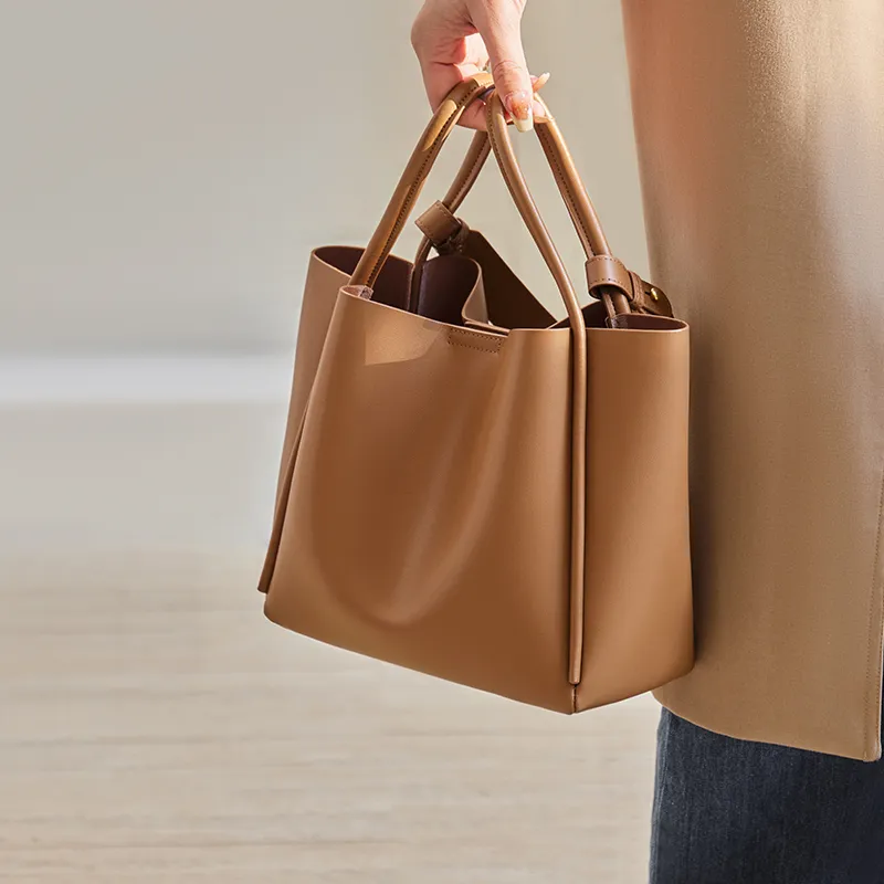 Narandu Cow Leather With Synthetic Leather Handbags Shoulder Bags Large Size Women's Cocoa Brown/Ecru & Apricot-2