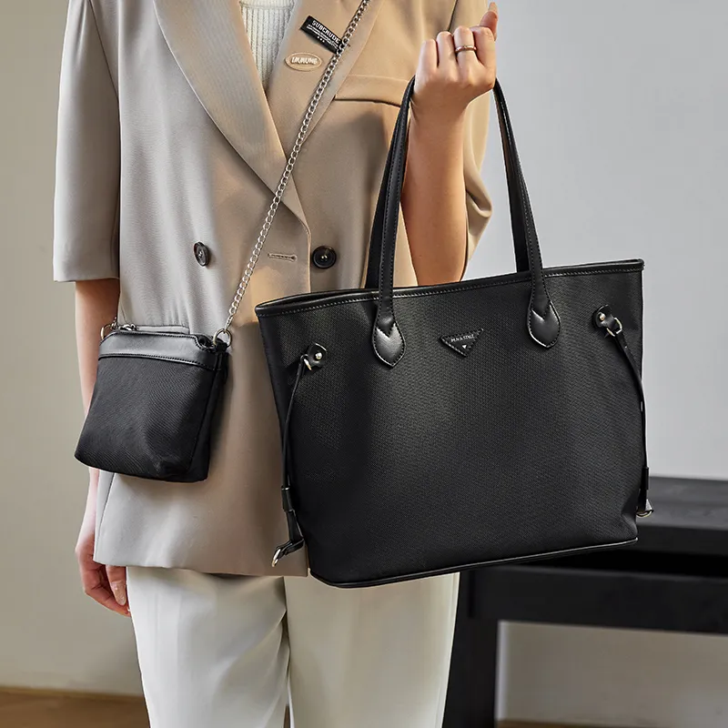 Narandu Fabric With Synthetic Leather Tote Bag Shoulder Bag Large Size Women's Khaki/Midnight Black-5
