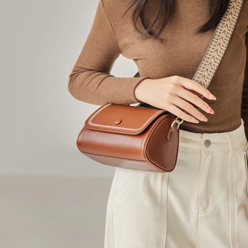 Narandu Cow Leather Patchwork Synthetic Leather Cylinder Bag Shoulder Bag Crossbody Bag Small Size Women's Brown/Black-1