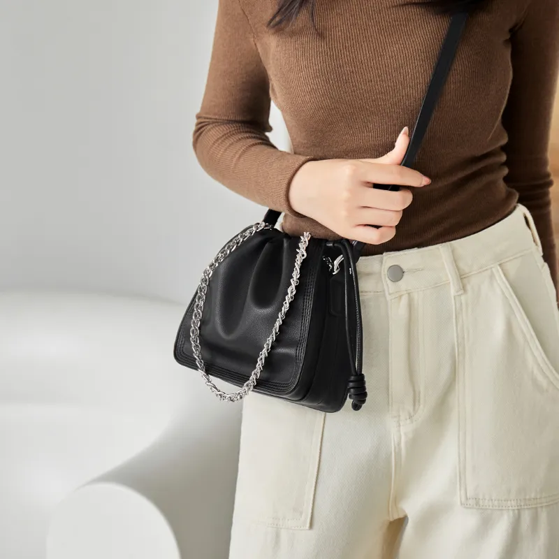 Narandu Cow Leather Chain Bag, Shoulder Bag, Cloud Bag, Shoulder Bag Women's Milk Tea/Napoléon Apricot/Black-3