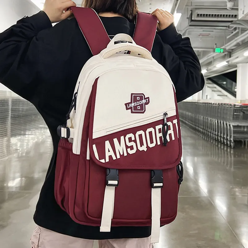 Narandu Fabric Backpack Computer Travel Bag Large Size Unisex Burgundy/Black-1