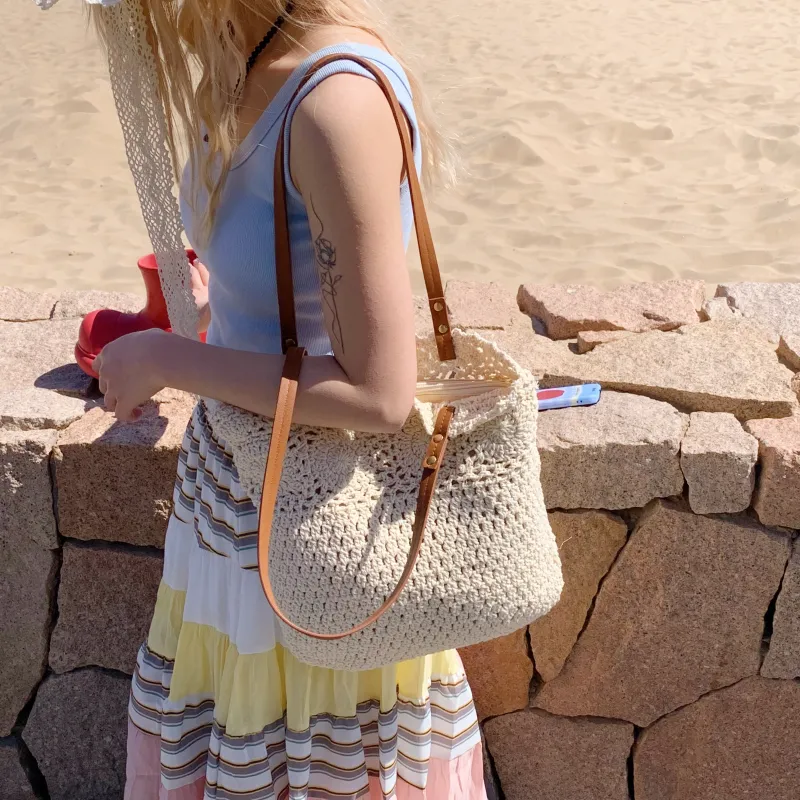 YZUE Woven Handbag, Shoulder Bag Regular Women's White/Brown-8