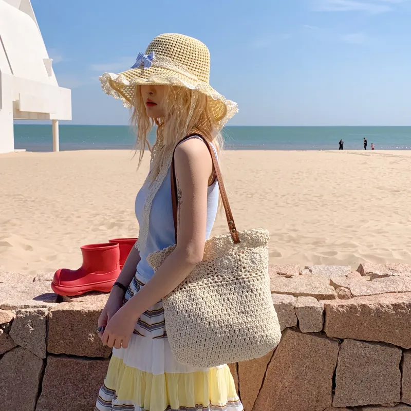 YZUE Woven Handbag, Shoulder Bag Regular Women's White/Brown-7