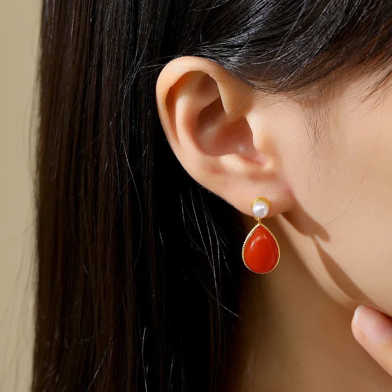 QIAOWUQIAONV Southern Red Agate Earrings Women's-4