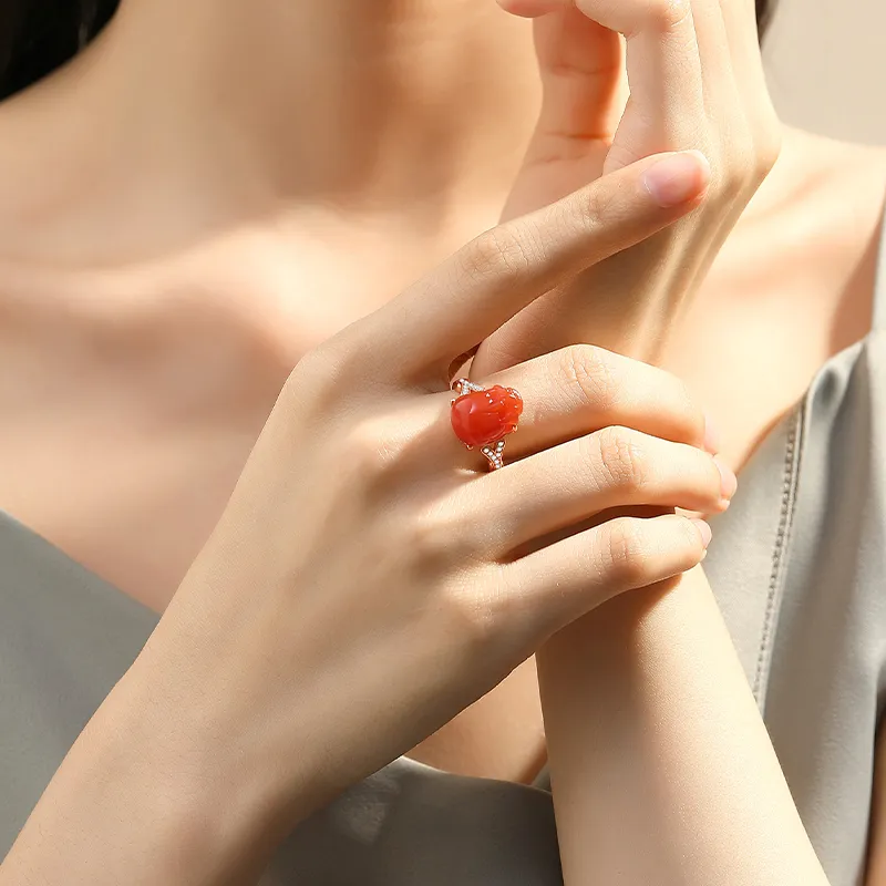 QIAOWUQIAONV Southern Red Agate Rings Women's-5