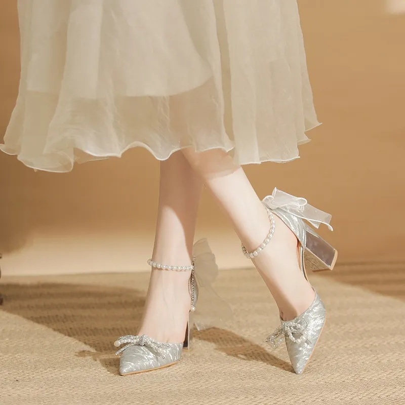 HKCP Chunky Heel High Heels Women's Silver-1