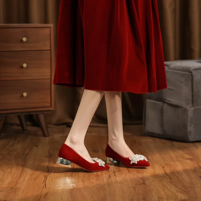 HKCP Chunky Heel High Heels 4.5CM Women's Red-2