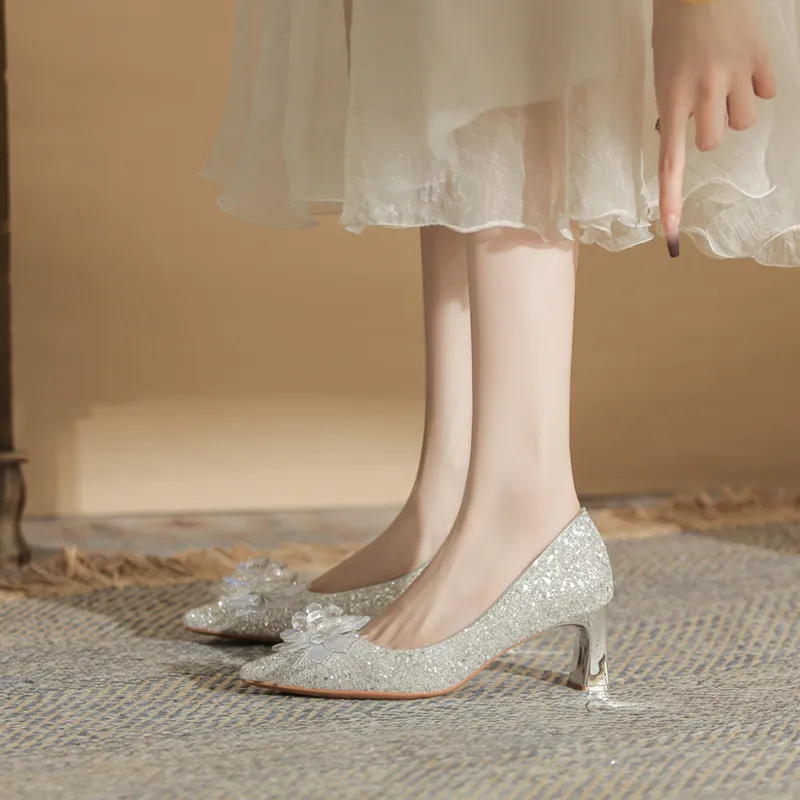 HKCP Chunky Heel High Heels 6cm Women's Silver-3