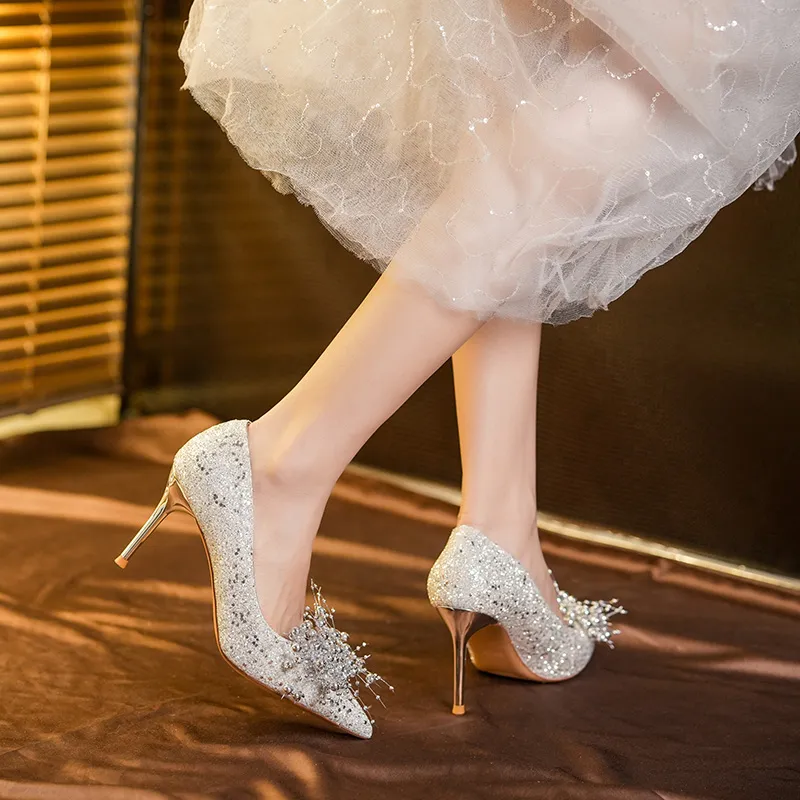 HKCP High Heels Women's White Silver, Water Silver, Champagne-8