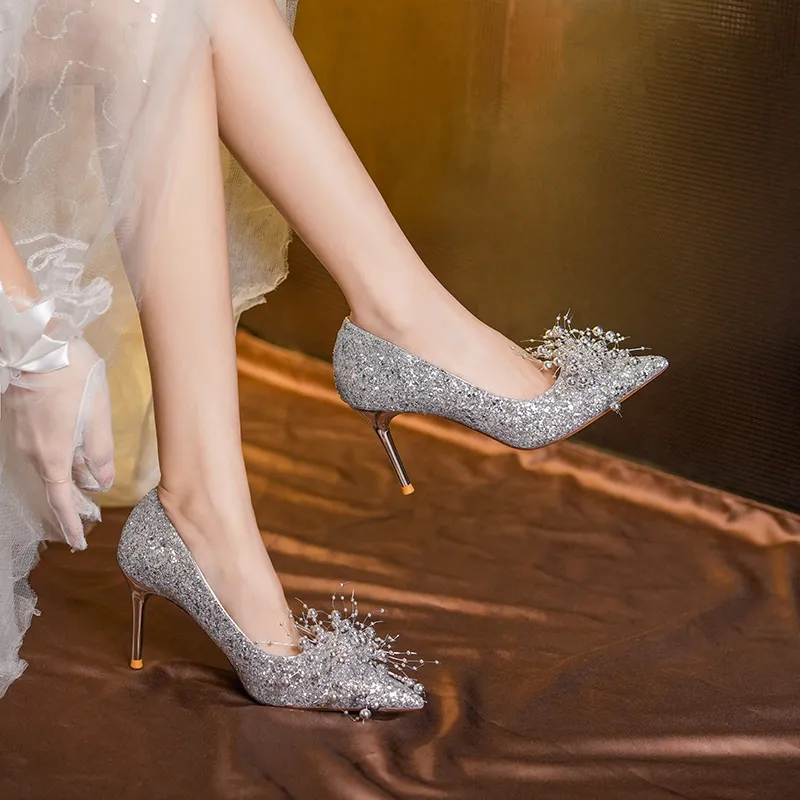 HKCP High Heels Women's White Silver, Water Silver, Champagne-1