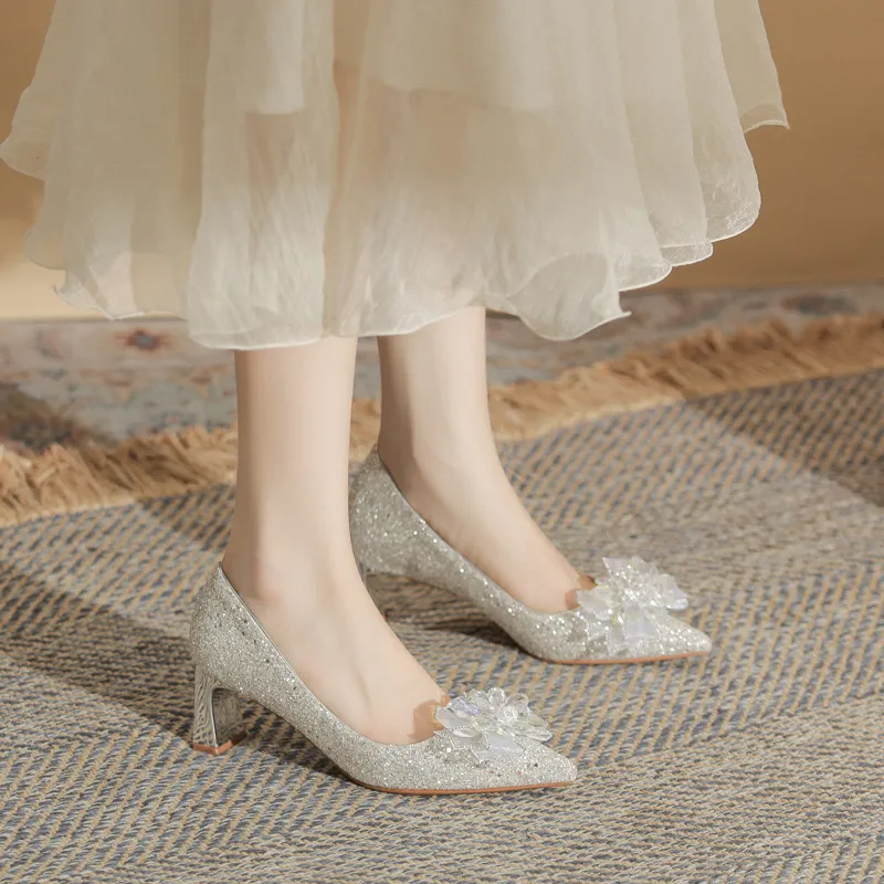 HKCP Chunky Heel High Heels 6cm Women's Silver-4