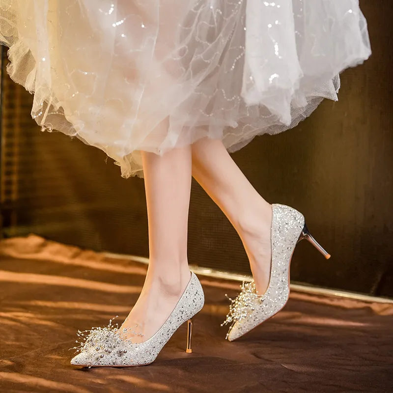HKCP High Heels Women's White Silver, Water Silver, Champagne-7