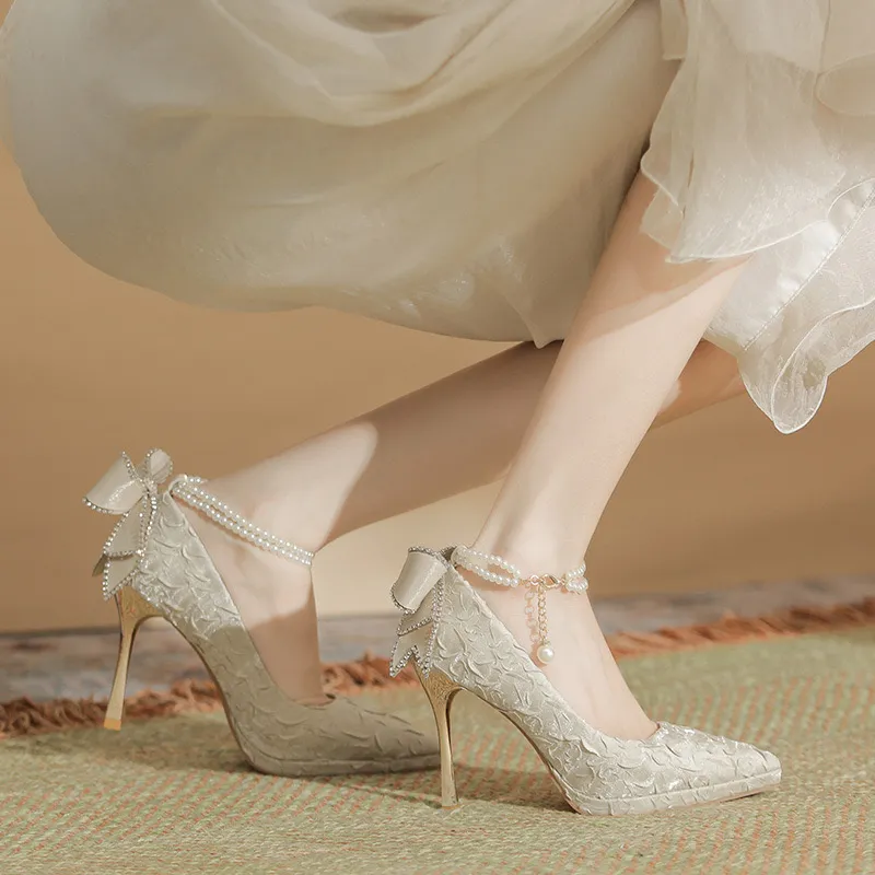 HKCP Slim Heel High Heels 10cm Women's Champagne-2