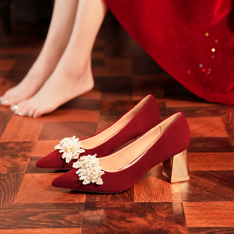 HKCP Chunky Heel High Heels 6.5cm Women's Red-1