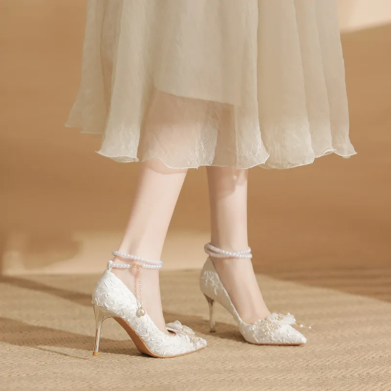 HKCP Slim Heel High Heels 8cm Women's White-3