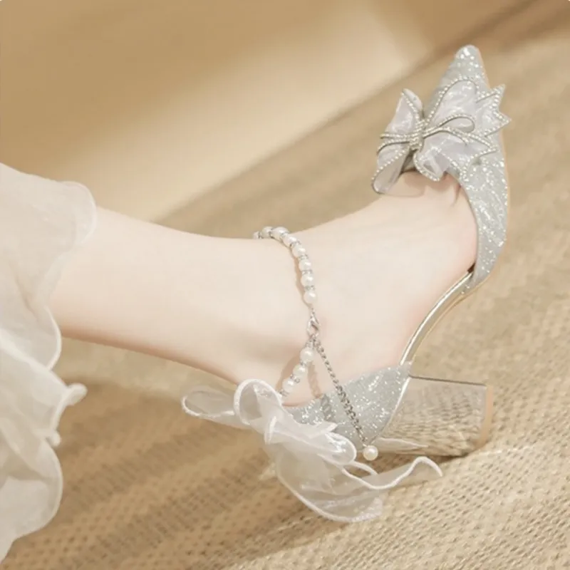 HKCP Chunky Heel High Heels 6cm Women's Silver-3