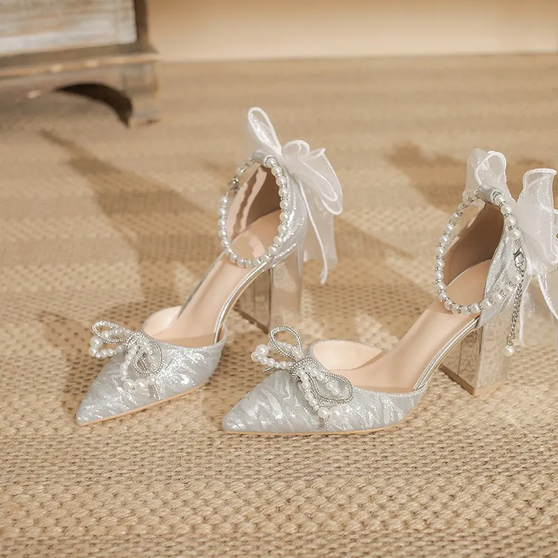 HKCP Chunky Heel High Heels Women's Silver-4