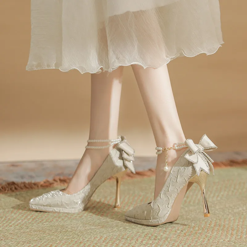 HKCP Slim Heel High Heels 10cm Women's Champagne-1