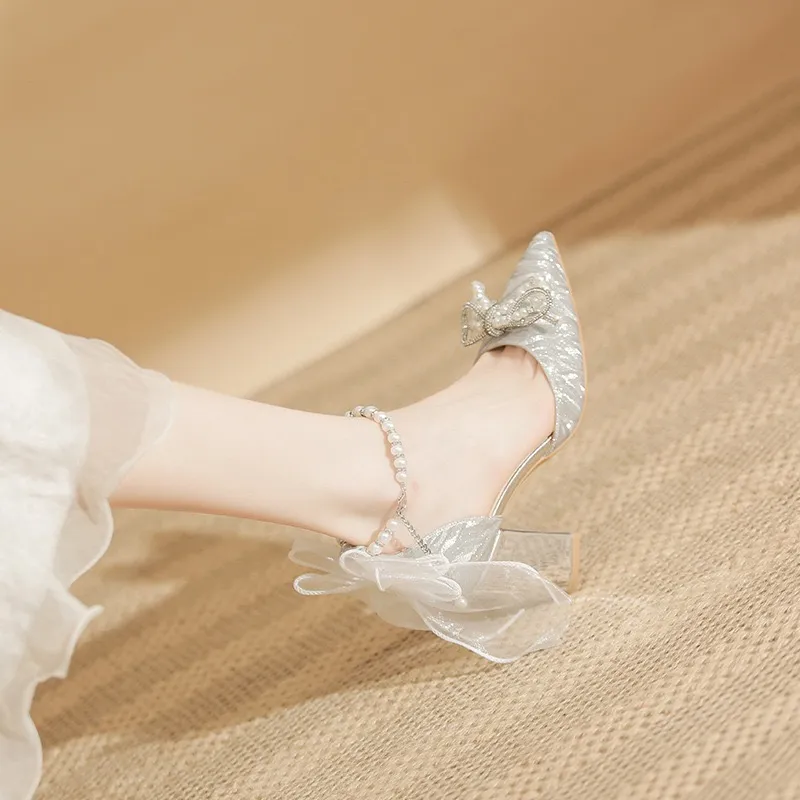 HKCP Chunky Heel High Heels Women's Silver-3