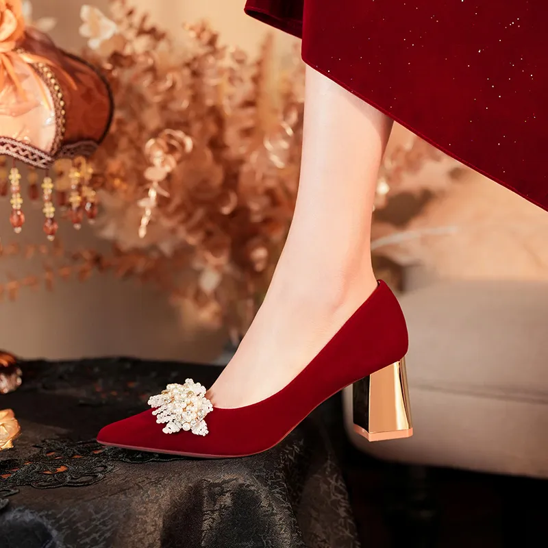 HKCP Chunky Heel High Heels 6.5cm Women's Red-4