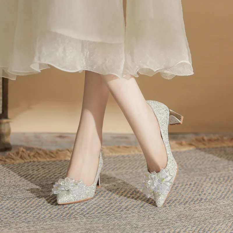 HKCP Chunky Heel High Heels 6cm Women's Silver-1