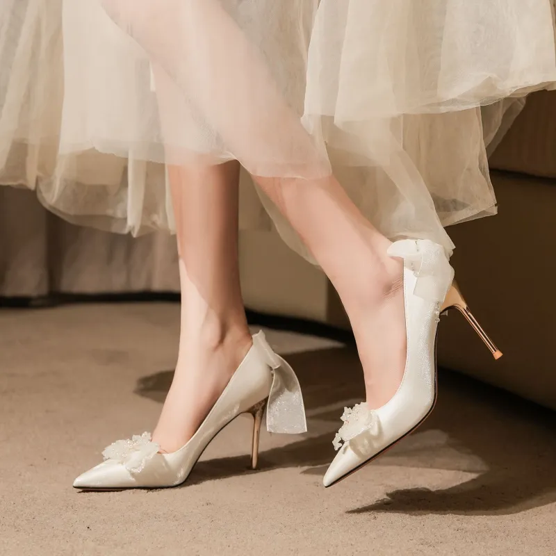 HKCP Slim Heel High Heels Women's White-2