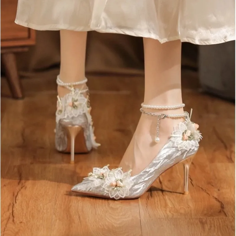 HKCP Slim Heel High Heels 8cm Women's Silver-3