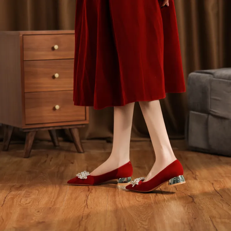 HKCP Chunky Heel High Heels 4.5CM Women's Red-4