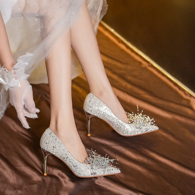 HKCP High Heels Women's White Silver, Water Silver, Champagne-6