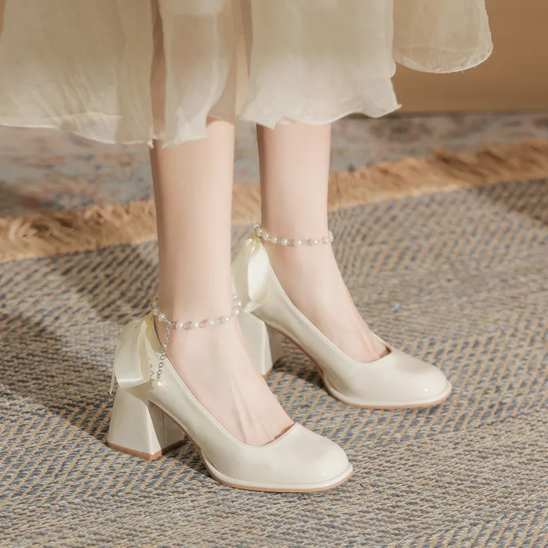 HKCP Chunky Heel High Heels 7cm Women's Ecru-1